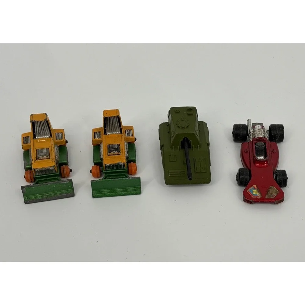 Vintage Lot of 4 Matchbox Vehicles No 12 Big Bull Bulldozers Tank Dragster